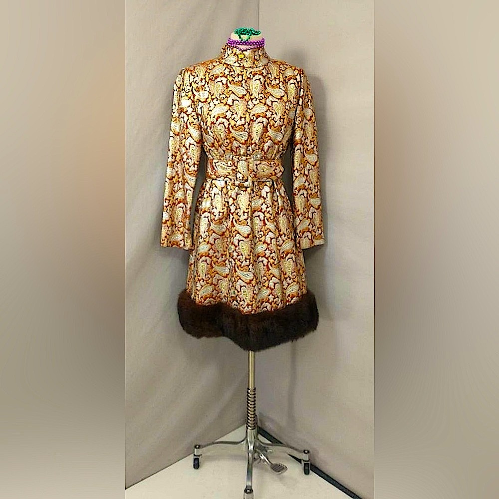 Vintage 1970’s Victor Costa metallic mini belted dress with fur hem- size 6